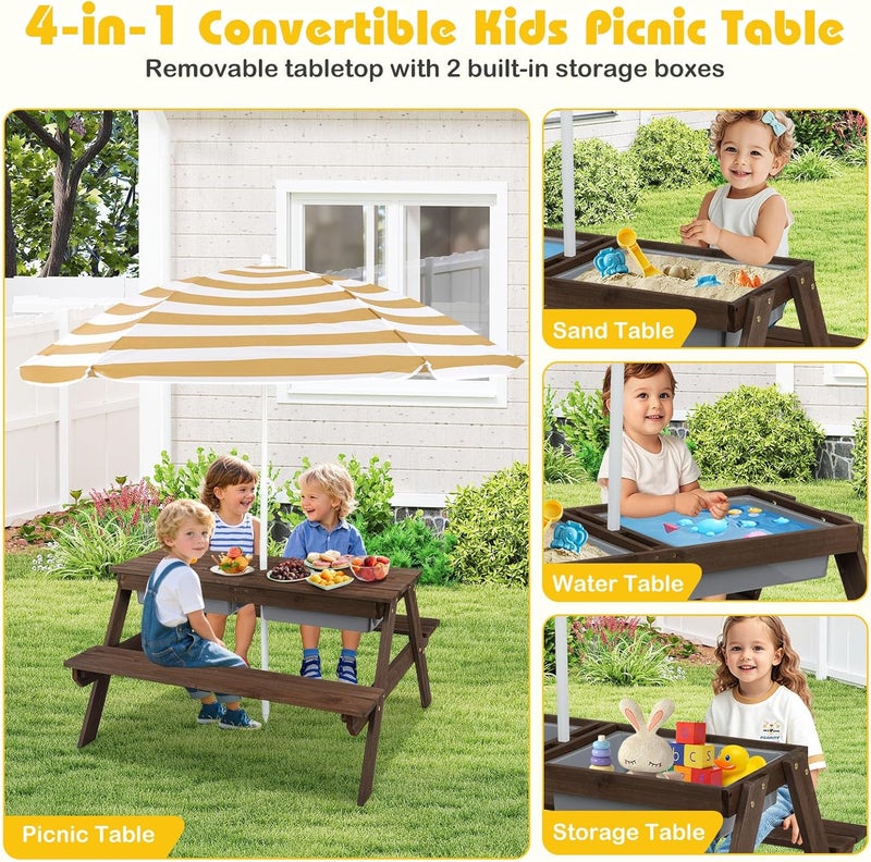 Olakids Kids Picnic Table, 4 in 1 Outdoor Toddler Sand Water Wooden Table and Chair Set with Removable Umbrella, Children Activity Furniture Bench Set for Patio Garden Backyard - Image 5